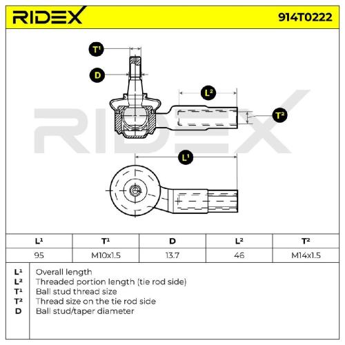 RIDEX Spurstangenkopf Vorderachse rechts außen Traggelenk M10X1.25 914T0222 Bild RIDEX Spurstangenkopf Vorderachse rechts außen Traggelenk M10X1.25 914T0222
