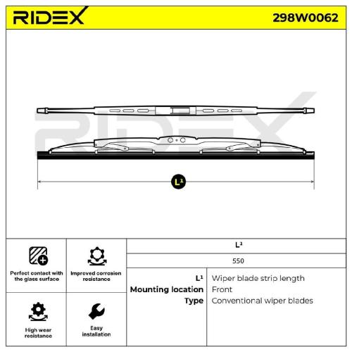 RIDEX Scheibenwischer Wischblatt Stück ohne Spoiler Vorne Länge: 550mm Standard Bild RIDEX Scheibenwischer Wischblatt Stück ohne Spoiler Vorne Länge: 550mm Standard