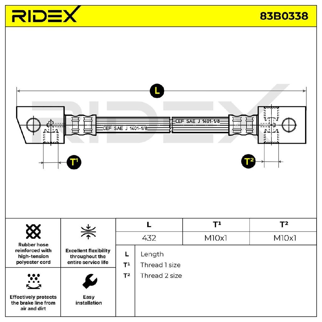 RIDEX Bremsschlauch 83B0338 HINTEN BREMSSCHLÄUCHE Länge: 432mm für NISSAN