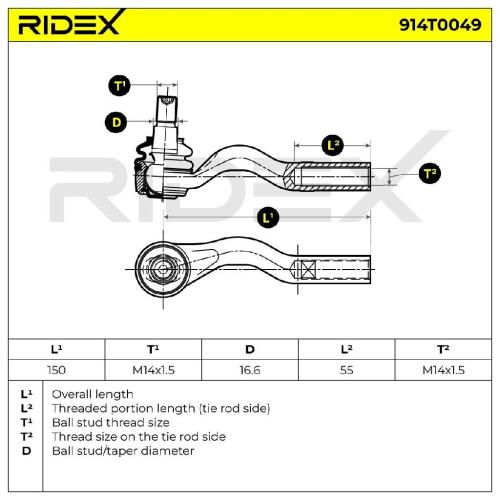 RIDEX Spurstangenkopf Vorderachse links außen Traggelenk M14 x 1,5 914T0049 Bild RIDEX Spurstangenkopf Vorderachse links außen Traggelenk M14 x 1,5 914T0049