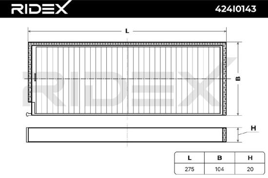 RIDEX 424I0143 Innenraumfilter Pollenfilter Höhe: 20 Breite: 104 Länge: 275 Bild RIDEX 424I0143 Innenraumfilter Pollenfilter Höhe: 20 Breite: 104 Länge: 275