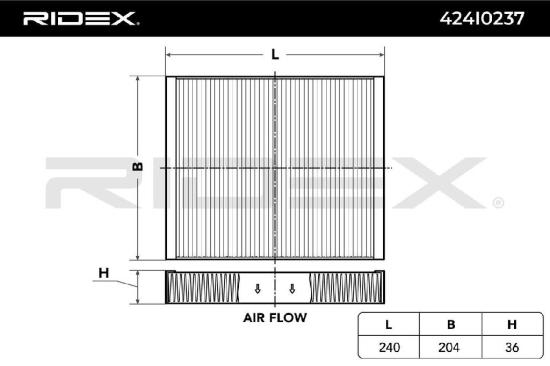 RIDEX 424I0237 Innenraumfilter Pollenfilter Höhe: 36 Breite: 204 Länge: 242 Bild RIDEX 424I0237 Innenraumfilter Pollenfilter Höhe: 36 Breite: 204 Länge: 242