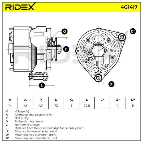 RIDEX 4G1417 Lichtmaschine 65A 12V Drehrichtung im Uhrzeigersinn mit Bild RIDEX 4G1417 Lichtmaschine 65A 12V Drehrichtung im Uhrzeigersinn mit
