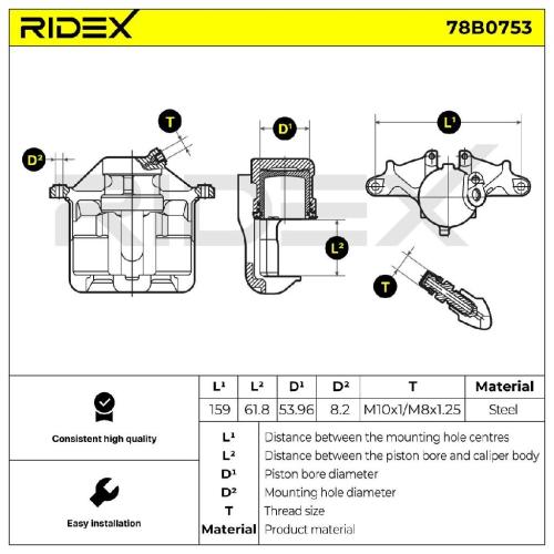 RIDEX 78B0753 Bremssattel Bremszange Vorne links passend für MERCEDES-BENZ 190 Bild RIDEX 78B0753 Bremssattel Bremszange Vorne links passend für MERCEDES-BENZ 190
