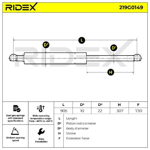 RIDEX 219G0149 Heckklappendämpfer Länge:905mm 730N Hub: 307mm für OPEL Bild RIDEX 219G0149 Heckklappendämpfer Länge:905mm 730N Hub: 307mm für OPEL