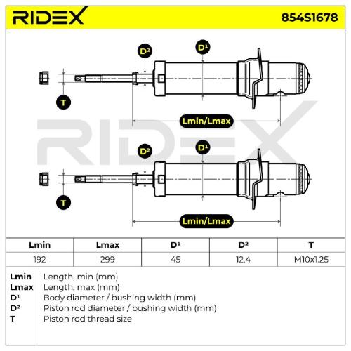 RIDEX 854S1678 2x Stoßdämpfer Federbein Gasdruck Vorne für SSANGYONG 4431008200 Bild RIDEX 854S1678 2x Stoßdämpfer Federbein Gasdruck Vorne für SSANGYONG 4431008200