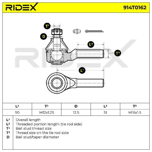 RIDEX Spurstangenkopf Vorderachse beidseitig außen Traggelenk M12X1.25 914T0162 Bild RIDEX Spurstangenkopf Vorderachse beidseitig außen Traggelenk M12X1.25 914T0162