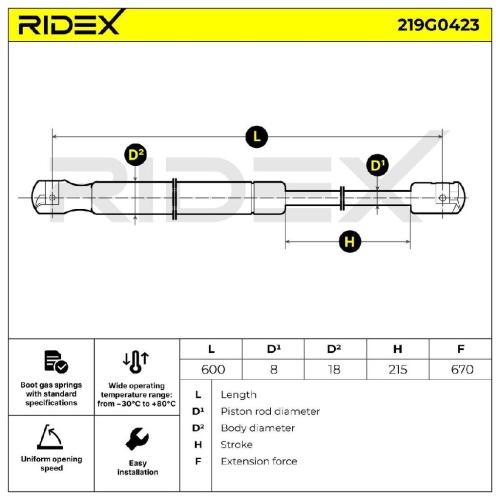 RIDEX 219G0423 Heckklappendämpfer beidseitig hinten Länge:600mm 670N Hub: 213mm Bild RIDEX 219G0423 Heckklappendämpfer beidseitig hinten Länge:600mm 670N Hub: 213mm