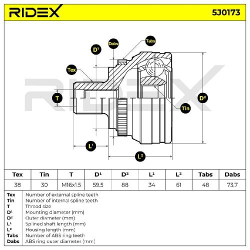 RIDEX 5J0173 Gelenksatz Antriebswelle Achswelle radseitig Vorne rechts links Bild RIDEX 5J0173 Gelenksatz Antriebswelle Achswelle radseitig Vorne rechts links