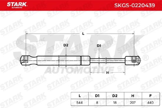 STARK SKGS-0220439 Heckklappendämpfer beidseitig Länge:544mm 440N Hub: 207mm Bild STARK SKGS-0220439 Heckklappendämpfer beidseitig Länge:544mm 440N Hub: 207mm
