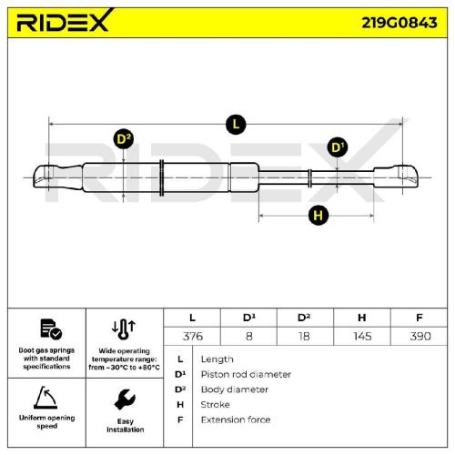 RIDEX 219G0843 Heckklappendämpfer Länge:376mm 390N Hub: 145mm für CHEVROLET Bild RIDEX 219G0843 Heckklappendämpfer Länge:376mm 390N Hub: 145mm für CHEVROLET
