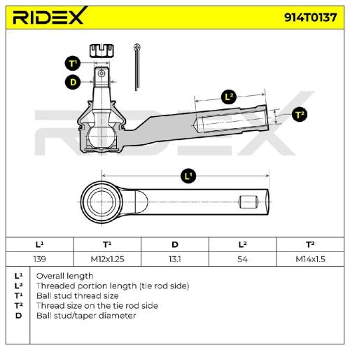 RIDEX Spurstangenkopf Vorderachse beidseitig außen Traggelenk M12X1.25 914T0137 Bild RIDEX Spurstangenkopf Vorderachse beidseitig außen Traggelenk M12X1.25 914T0137
