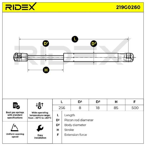 RIDEX 219G0260 Heckklappendämpfer hinten Länge:257mm 500N Hub: 90mm für FORD Bild RIDEX 219G0260 Heckklappendämpfer hinten Länge:257mm 500N Hub: 90mm für FORD