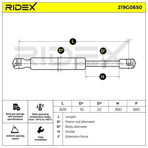 RIDEX 219G0650 Heckklappendämpfer Fahrzeugheckklappe Länge:830mm 560N Hub: 300mm Bild RIDEX 219G0650 Heckklappendämpfer Fahrzeugheckklappe Länge:830mm 560N Hub: 300mm