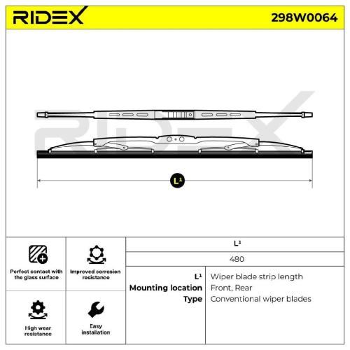 RIDEX Scheibenwischer Wischblatt Stück ohne Spoiler Vorne Länge: 475mm Standard Bild RIDEX Scheibenwischer Wischblatt Stück ohne Spoiler Vorne Länge: 475mm Standard