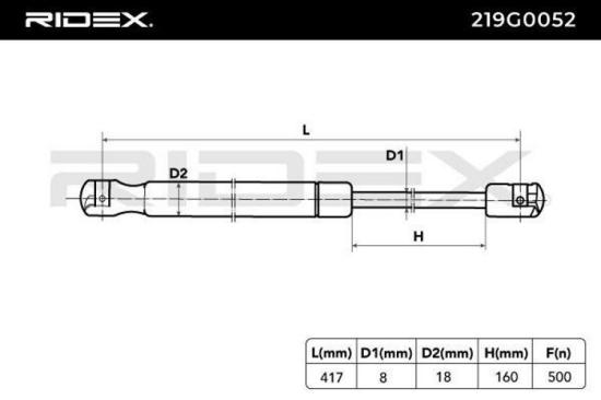 RIDEX 219G0052 Heckklappendämpfer Fahrzeugheckklappe Länge:417mm 500N Hub: 160mm Bild RIDEX 219G0052 Heckklappendämpfer Fahrzeugheckklappe Länge:417mm 500N Hub: 160mm