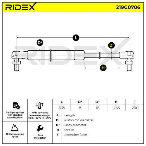 RIDEX 219G0706 Heckklappendämpfer hinten Länge:635mm 200N Hub: 265mm für HONDA Bild RIDEX 219G0706 Heckklappendämpfer hinten Länge:635mm 200N Hub: 265mm für HONDA