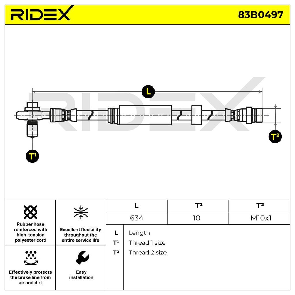 RIDEX Bremsschlauch 83B0497 VORNE beidseitig BREMSSCHLÄUCHE Länge: 634mm für VW