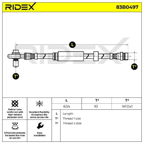RIDEX Bremsschlauch 83B0497 VORNE beidseitig BREMSSCHLÄUCHE Länge: 634mm für VW Bild RIDEX Bremsschlauch 83B0497 VORNE beidseitig BREMSSCHLÄUCHE Länge: 634mm für VW