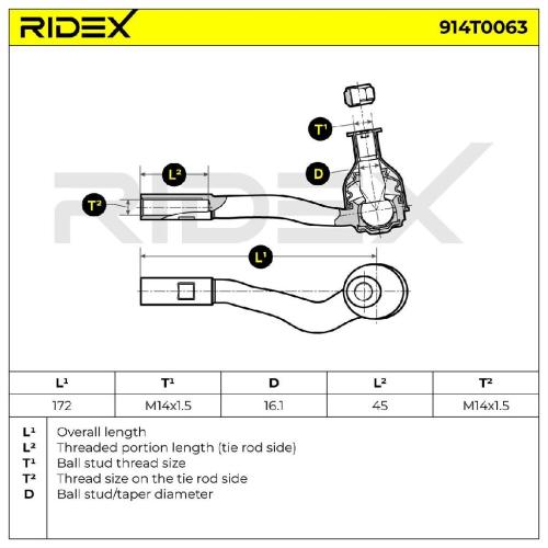 RIDEX Spurstangenkopf Vorderachse rechts Traggelenk M14x1,5 914T0063 Bild RIDEX Spurstangenkopf Vorderachse rechts Traggelenk M14x1,5 914T0063