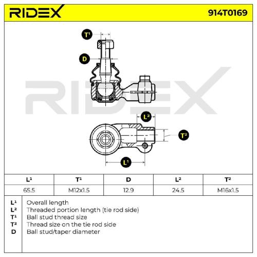 RIDEX Spurstangenkopf außen rechts Vorderachse Traggelenk M12X1.25 914T0169 Bild RIDEX Spurstangenkopf außen rechts Vorderachse Traggelenk M12X1.25 914T0169