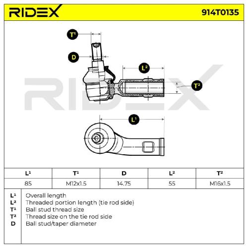 RIDEX Spurstangenkopf Vorderachse rechts außen Traggelenk M12X1.5 914T0135 Bild RIDEX Spurstangenkopf Vorderachse rechts außen Traggelenk M12X1.5 914T0135