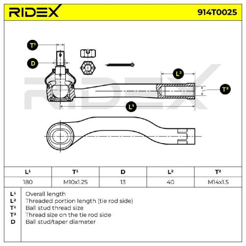 RIDEX Spurstangenkopf außen rechts Vorderachse Traggelenk M10X1.25 914T0025 Bild RIDEX Spurstangenkopf außen rechts Vorderachse Traggelenk M10X1.25 914T0025