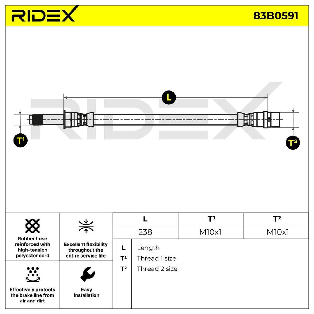 RIDEX Bremsschlauch 83B0591 HINTEN beidseitig BREMSSCHLÄUCHE Länge: 238mm für VW