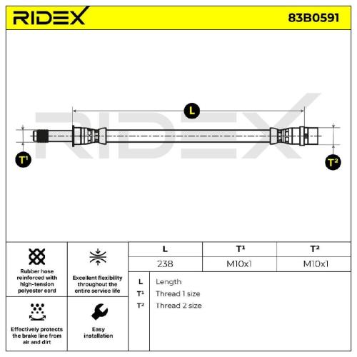 RIDEX Bremsschlauch 83B0591 HINTEN beidseitig BREMSSCHLÄUCHE Länge: 238mm für VW Bild RIDEX Bremsschlauch 83B0591 HINTEN beidseitig BREMSSCHLÄUCHE Länge: 238mm für VW