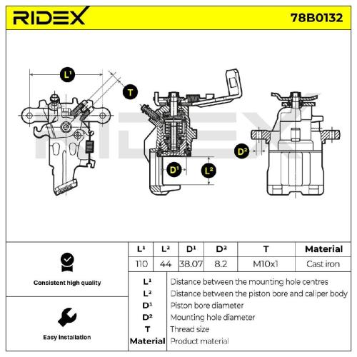 RIDEX 78B0132 Bremssattel Bremszange Hinten rechts für NISSAN 44001BM400 Bild RIDEX 78B0132 Bremssattel Bremszange Hinten rechts für NISSAN 44001BM400