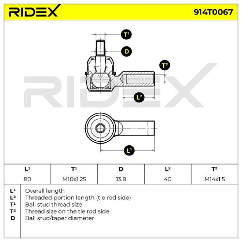 RIDEX Spurstangenkopf außen beidseitig Vorderachse Traggelenk M10X1.25 914T0067 Bild RIDEX Spurstangenkopf außen beidseitig Vorderachse Traggelenk M10X1.25 914T0067