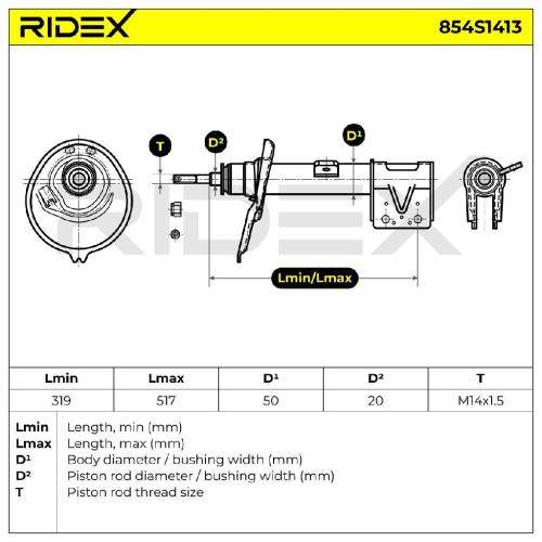 RIDEX 854S1413 1x Stoßdämpfer Federbein Gasdruck Vorne links für CITROËN Bild RIDEX 854S1413 1x Stoßdämpfer Federbein Gasdruck Vorne links für CITROËN