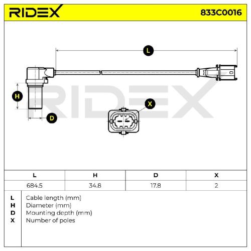RIDEX Kurbelwellensensor 833C0016 630 mm Anzahl der Steckkontakte: 2 mit Kabel Bild RIDEX Kurbelwellensensor 833C0016 630 mm Anzahl der Steckkontakte: 2 mit Kabel