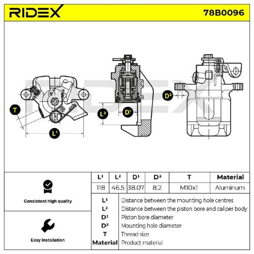 RIDEX 78B0096 Bremssattel Bremszange Hinten rechts passend für PEUGEOT 308 SW I Bild RIDEX 78B0096 Bremssattel Bremszange Hinten rechts passend für PEUGEOT 308 SW I