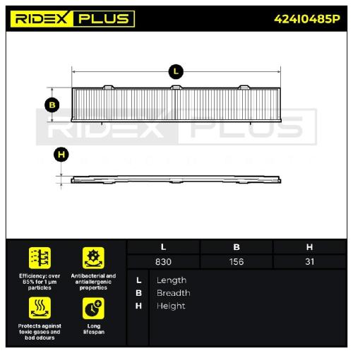 RIDEX PLUS 424I0485P Innenraumfilter Pollenfilter Aktivkohlefilter Höhe: 31 Bild RIDEX PLUS 424I0485P Innenraumfilter Pollenfilter Aktivkohlefilter Höhe: 31