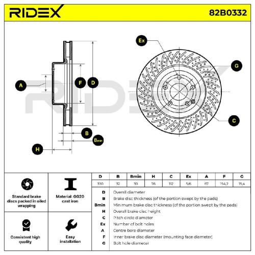 RIDEX 82B0332 2x Bremsscheiben Vorne Ø330mm gelocht/innenbel. 2204210812 Bild RIDEX 82B0332 2x Bremsscheiben Vorne Ø330mm gelocht/innenbel. 2204210812