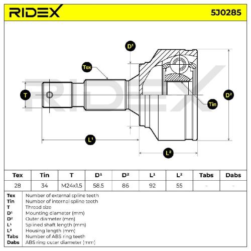 RIDEX 5J0285 Gelenksatz Antriebswelle Achswelle radseitig für CITROËN 1440100688 Bild RIDEX 5J0285 Gelenksatz Antriebswelle Achswelle radseitig für CITROËN 1440100688