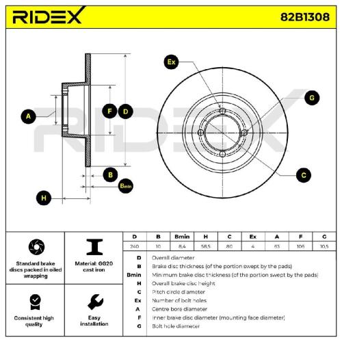 RIDEX 82B1308 1x Bremsscheibe Vorne Ø240mm voll für BMW 02 (E10) 34111117422 Bild RIDEX 82B1308 1x Bremsscheibe Vorne Ø240mm voll für BMW 02 (E10) 34111117422
