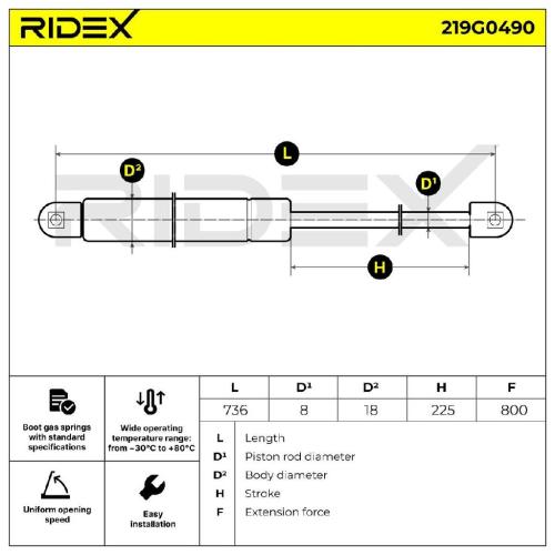 RIDEX 219G0490 Heckklappendämpfer hinten Länge:736mm 800N Hub: 225mm für TOYOTA Bild RIDEX 219G0490 Heckklappendämpfer hinten Länge:736mm 800N Hub: 225mm für TOYOTA