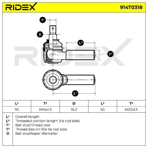 RIDEX Spurstangenkopf Vorderachse beidseitig Traggelenk 914T0318 mit Bild RIDEX Spurstangenkopf Vorderachse beidseitig Traggelenk 914T0318 mit