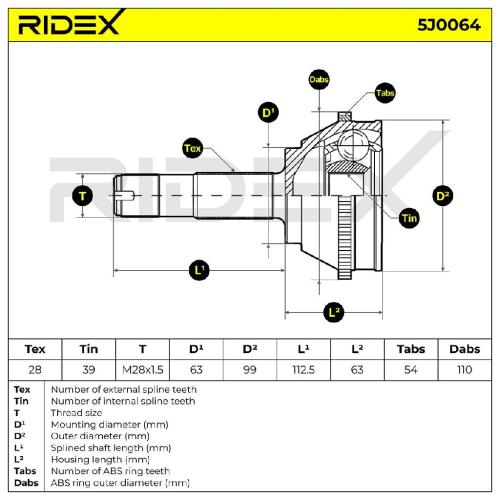 RIDEX 5J0064 Gelenksatz Antriebswelle Achswelle außen radseitig Vorne für FIAT Bild RIDEX 5J0064 Gelenksatz Antriebswelle Achswelle außen radseitig Vorne für FIAT