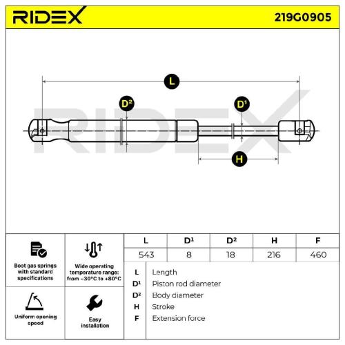 RIDEX 219G0905 Heckklappendämpfer beidseitig Länge:543,5mm 460N Hub: 216,5mm Bild RIDEX 219G0905 Heckklappendämpfer beidseitig Länge:543,5mm 460N Hub: 216,5mm