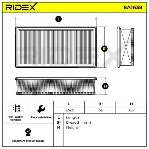 RIDEX 8A1638 Motor Luftfilter Filtereinsatz Umluftfilter mit Vorfilter Bild RIDEX 8A1638 Motor Luftfilter Filtereinsatz Umluftfilter mit Vorfilter