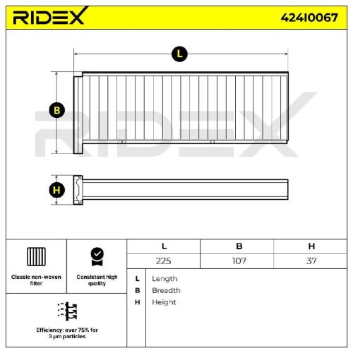 RIDEX 424I0067 Innenraumfilter Pollenfilter Höhe: 37 Breite: 107 Länge: 225 Bild RIDEX 424I0067 Innenraumfilter Pollenfilter Höhe: 37 Breite: 107 Länge: 225