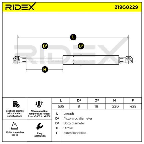 RIDEX 219G0229 Heckklappendämpfer hinten Länge:535mm 425N Hub: 220mm für RENAULT Bild RIDEX 219G0229 Heckklappendämpfer hinten Länge:535mm 425N Hub: 220mm für RENAULT