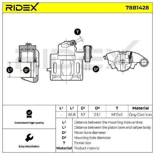 RIDEX 78B1428 Bremssattel Bremszange Vorne rechts für FIAT Scudo Kastenwagen für Bild RIDEX 78B1428 Bremssattel Bremszange Vorne rechts für FIAT Scudo Kastenwagen für