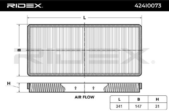 RIDEX 424I0073 Innenraumfilter Pollenfilter Höhe: 31 Breite: 146 Länge: 336 Bild RIDEX 424I0073 Innenraumfilter Pollenfilter Höhe: 31 Breite: 146 Länge: 336