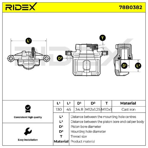 RIDEX 78B0382 Bremssattel Bremszange Hinten links für JEEP COMPASS (MK49) Bild RIDEX 78B0382 Bremssattel Bremszange Hinten links für JEEP COMPASS (MK49)