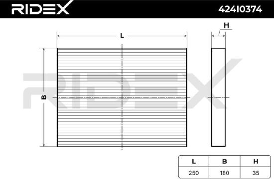 RIDEX 424I0374 Innenraumfilter Pollenfilter Höhe: 35 Breite: 180 Länge: 250 Bild RIDEX 424I0374 Innenraumfilter Pollenfilter Höhe: 35 Breite: 180 Länge: 250