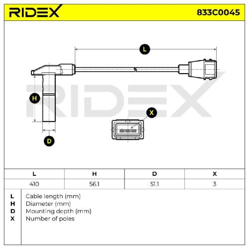 RIDEX Kurbelwellensensor 833C0045 410 mm Anzahl der Steckkontakte: 3 mit Kabel Bild RIDEX Kurbelwellensensor 833C0045 410 mm Anzahl der Steckkontakte: 3 mit Kabel